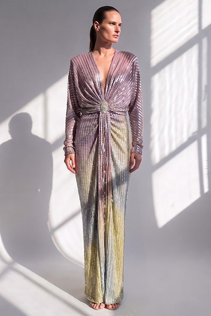 Purple Sheeted Georgette Sequin Embroidered Draped Maxi Party Wear Dress by Nikita Mhaisalkar at Pernia's Pop Up Shop