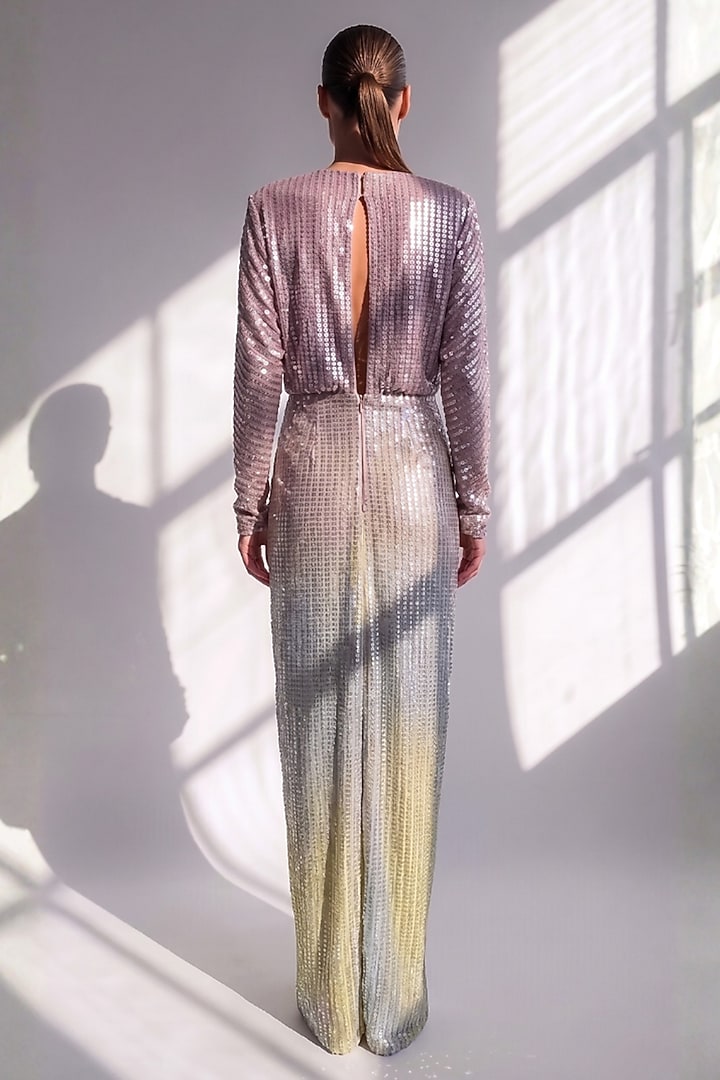Purple Sheeted Georgette Sequin Embroidered Draped Maxi Party Wear Dress by Nikita Mhaisalkar at Pernia's Pop Up Shop