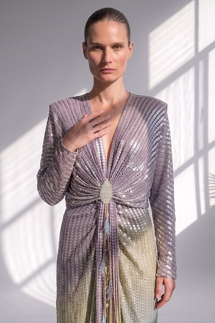 Purple Sheeted Georgette Sequin Embroidered Draped Maxi Party Wear Dress by Nikita Mhaisalkar at Pernia's Pop Up Shop