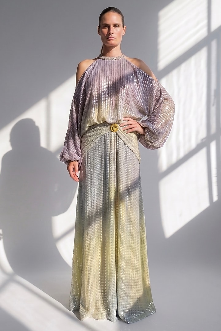 Purple Sheeted Georgette Printed Cut-Shoulder Maxi Party Wear Dress by Nikita Mhaisalkar at Pernia's Pop Up Shop