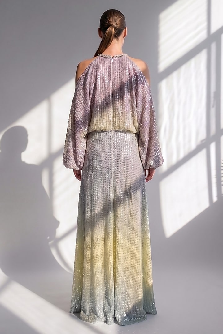 Purple Sheeted Georgette Printed Cut-Shoulder Maxi Party Wear Dress by Nikita Mhaisalkar at Pernia's Pop Up Shop