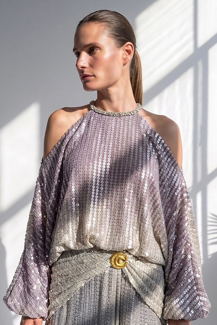 Purple Sheeted Georgette Printed Cut-Shoulder Maxi Party Wear Dress by Nikita Mhaisalkar at Pernia's Pop Up Shop