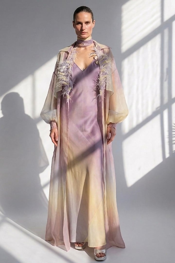 Purple Silk Satin Printed Organza Trench Set by Nikita Mhaisalkar at Pernia's Pop Up Shop
