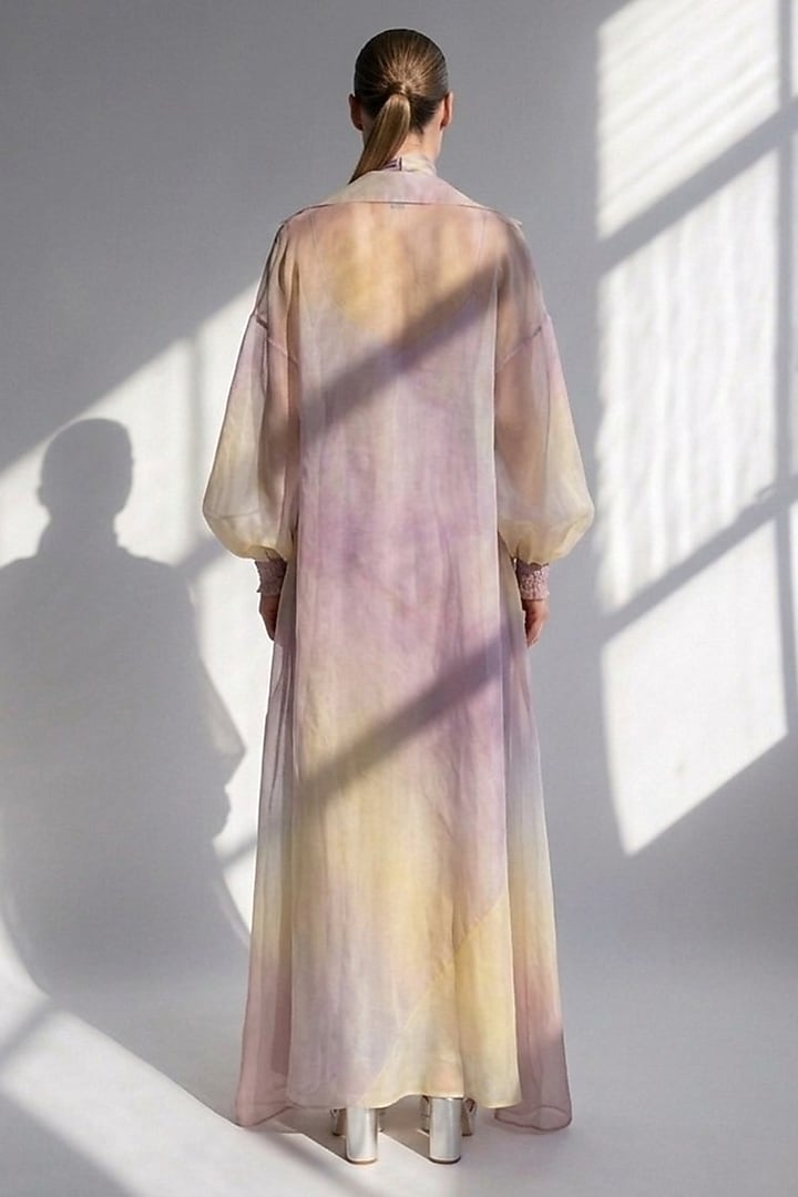 Purple Silk Satin Printed Organza Trench Set by Nikita Mhaisalkar at Pernia's Pop Up Shop