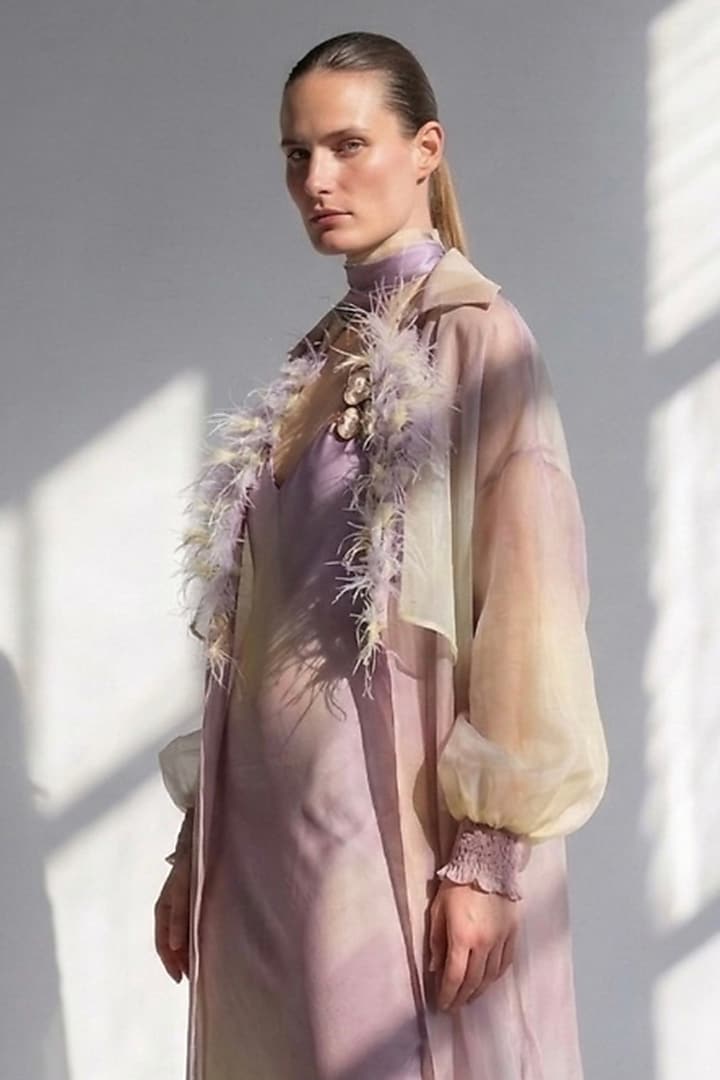 Purple Silk Satin Printed Organza Trench Set by Nikita Mhaisalkar at Pernia's Pop Up Shop