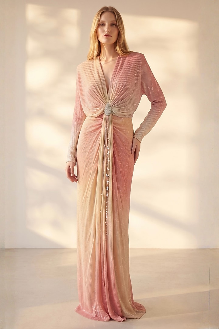 Rose Pink Sequin Georgette Printed Draped Maxi Party Wear Dress by Nikita Mhaisalkar at Pernia's Pop Up Shop