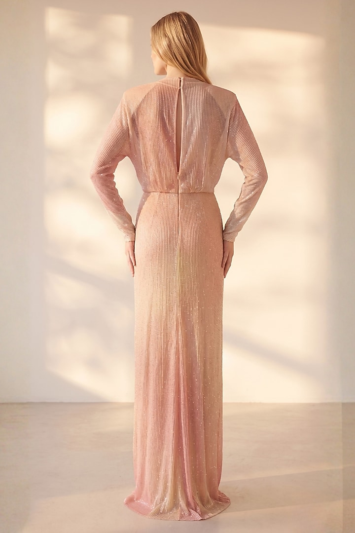 Rose Pink Sequin Georgette Printed Draped Maxi Party Wear Dress by Nikita Mhaisalkar at Pernia's Pop Up Shop
