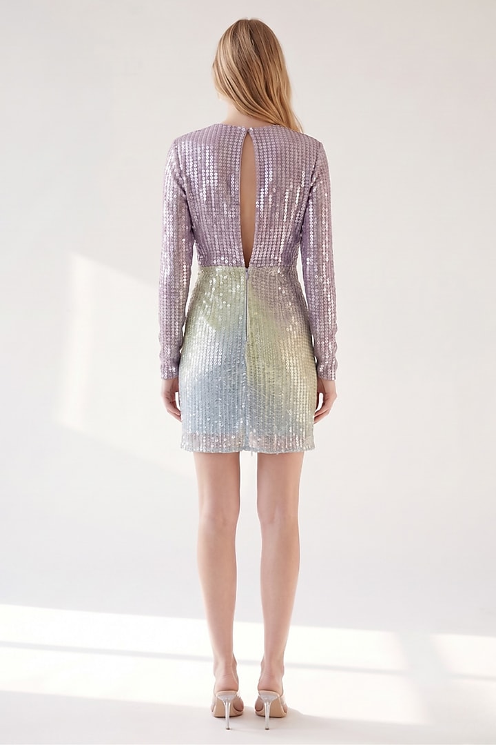 Purple Sheeted Georgette Sequin Embroidered Short Draped Party Wear Dress by Nikita Mhaisalkar at Pernia's Pop Up Shop