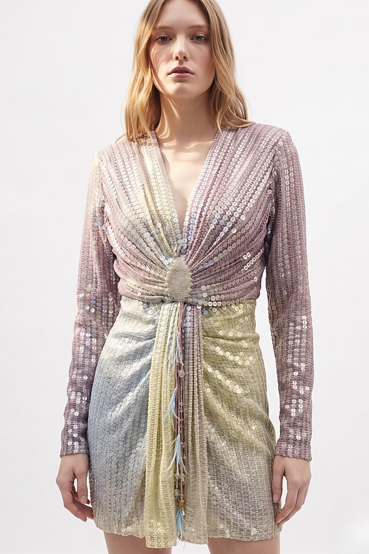 Purple Sheeted Georgette Sequin Embroidered Short Draped Party Wear Dress by Nikita Mhaisalkar at Pernia's Pop Up Shop