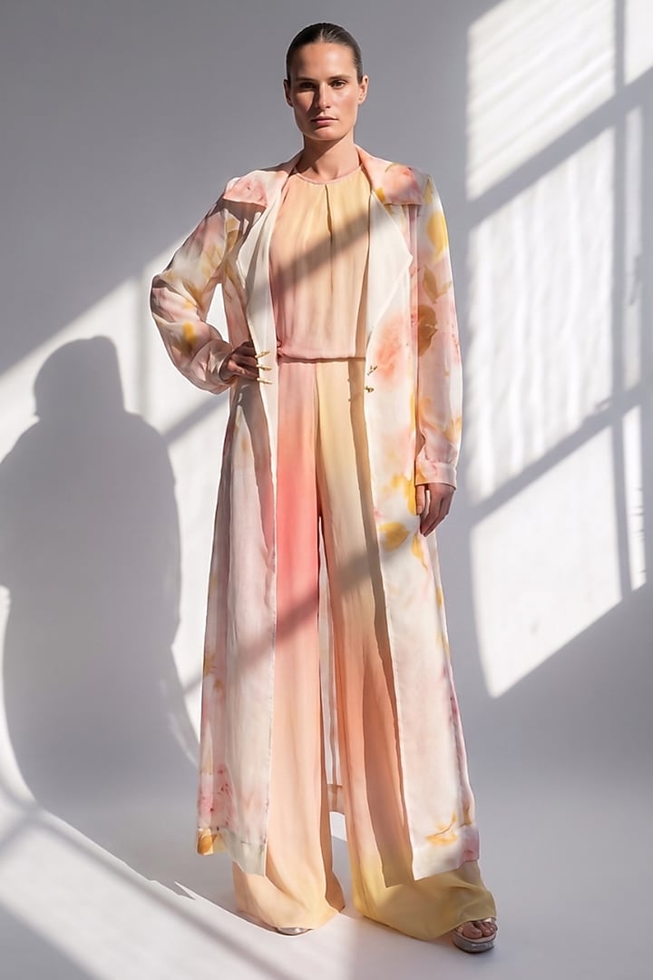 White & Pink Pure Georgette Jumpsuit with Printed Trench by Nikita Mhaisalkar at Pernia's Pop Up Shop