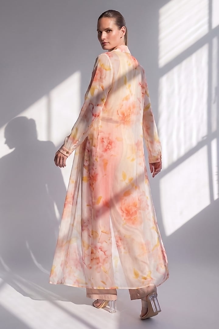White & Pink Pure Georgette Jumpsuit with Printed Trench by Nikita Mhaisalkar at Pernia's Pop Up Shop