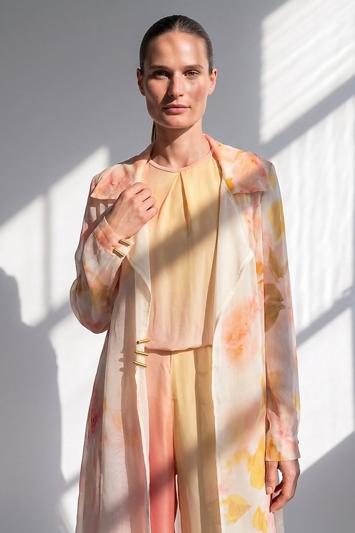 White & Pink Pure Georgette Jumpsuit with Printed Trench by Nikita Mhaisalkar at Pernia's Pop Up Shop