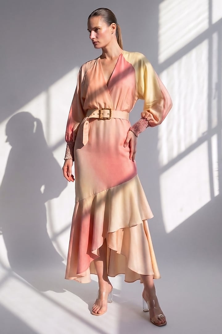 Rose Pink Chanderi Printed Asymmetrical Cocktail Dress with Belt by Nikita Mhaisalkar at Pernia's Pop Up Shop