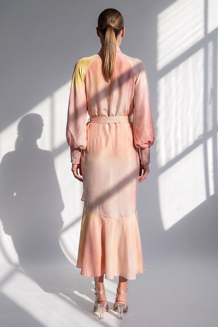Rose Pink Chanderi Printed Asymmetrical Cocktail Dress with Belt by Nikita Mhaisalkar at Pernia's Pop Up Shop
