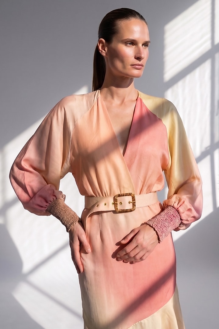 Rose Pink Chanderi Printed Asymmetrical Cocktail Dress with Belt by Nikita Mhaisalkar at Pernia's Pop Up Shop
