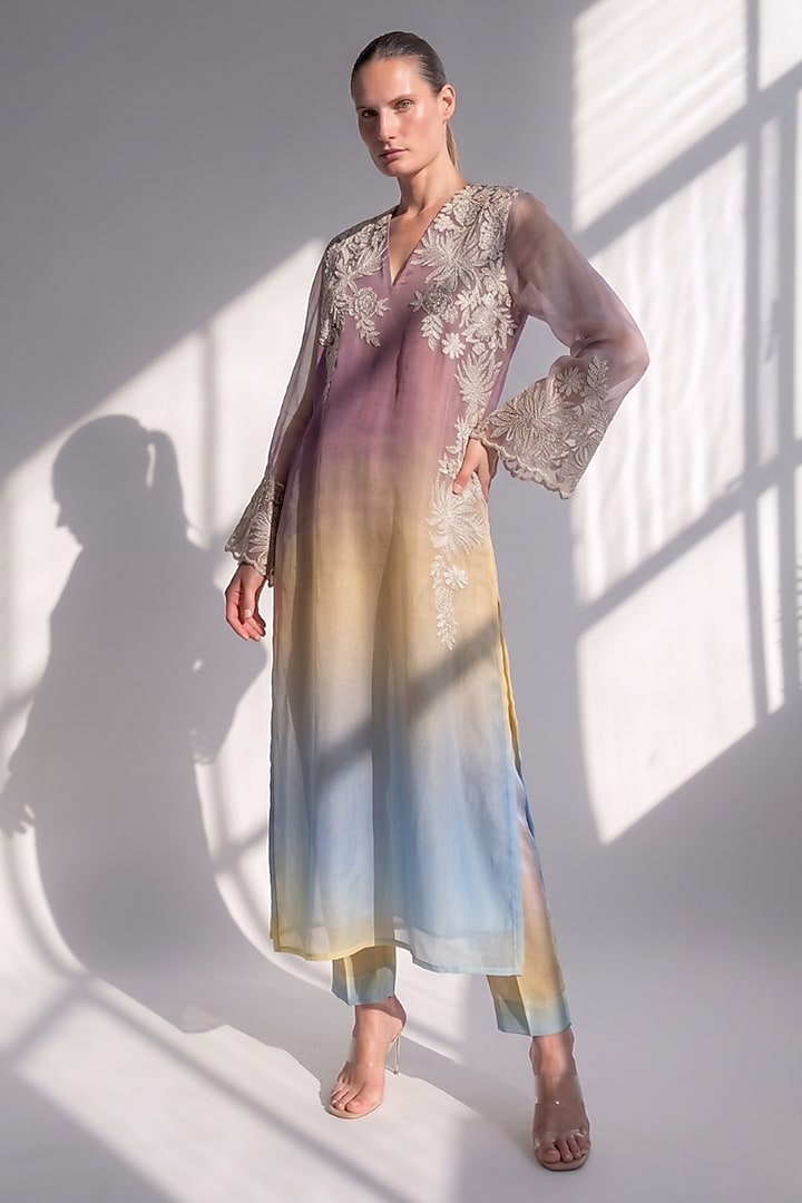 Purple Silk Organza Thread Embroidered Kurta Set by Nikita Mhaisalkar at Pernia's Pop Up Shop