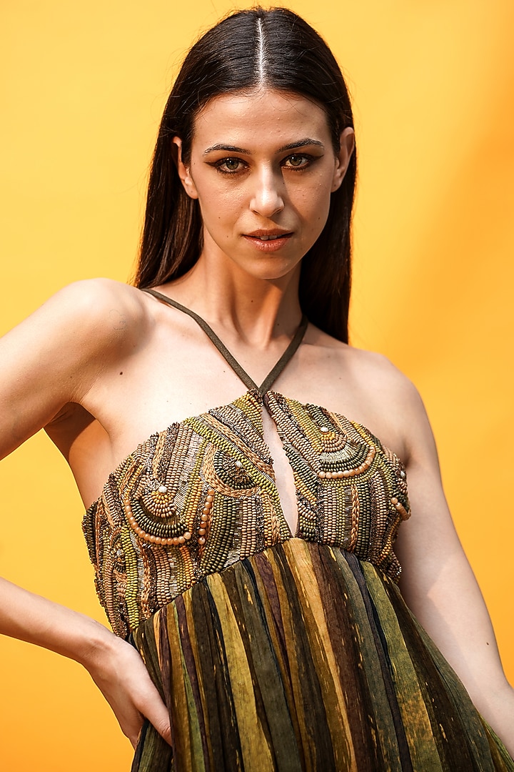 Green Crinkled Chiffon Mini Party Wear Dress by Nikita Mhaisalkar at Pernia's Pop Up Shop
