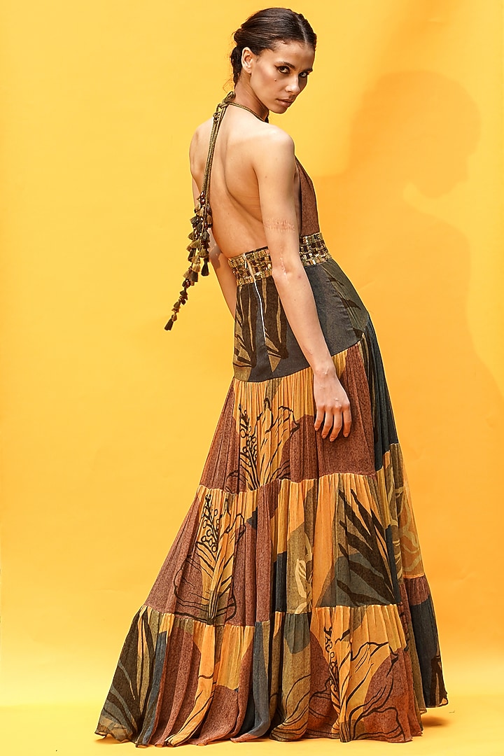 Mustard Crinkled Chiffon Maxi Party Wear Dress by Nikita Mhaisalkar at Pernia's Pop Up Shop