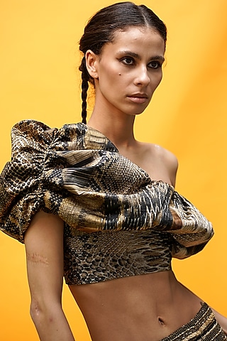 Gold Printed Off-Shoulder Top by Nikita Mhaisalkar
