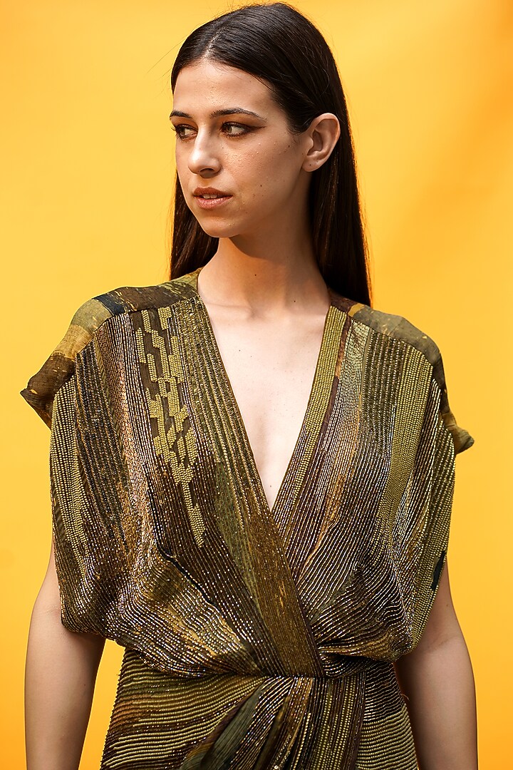 Green Crinkled Chiffon Overlap Party Wear Dress by Nikita Mhaisalkar at Pernia's Pop Up Shop
