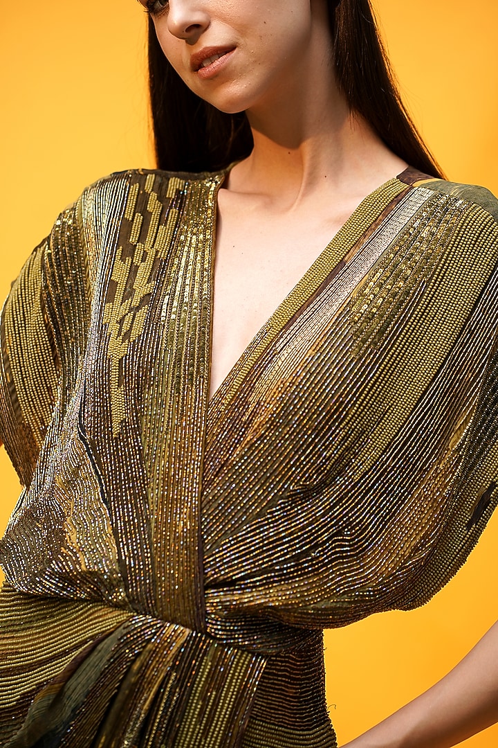 Green Crinkled Chiffon Overlap Party Wear Dress by Nikita Mhaisalkar at Pernia's Pop Up Shop