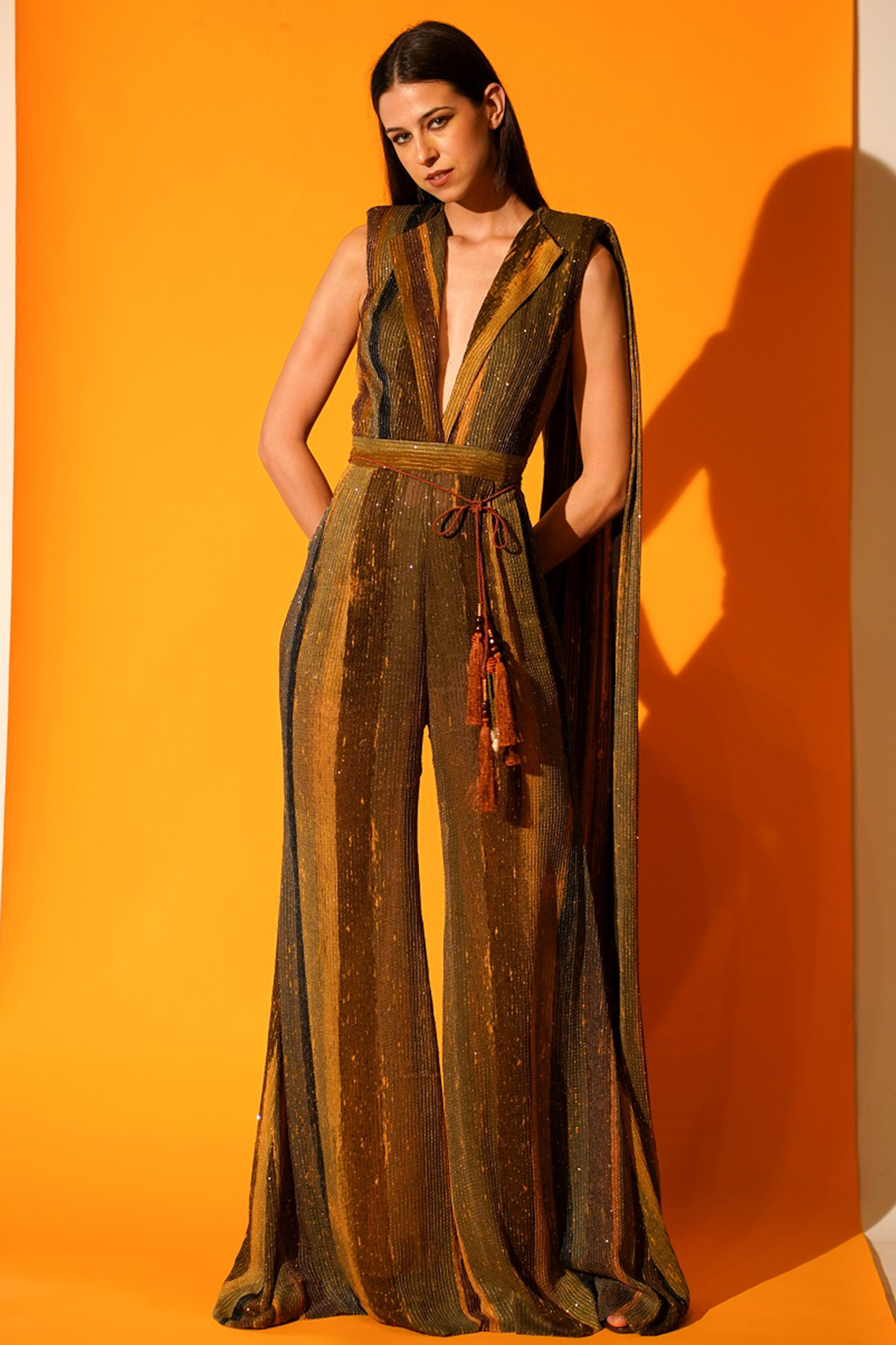 Green Sequins Pure Georgette Striped Printed Jumpsuit Saree by Nikita Mhaisalkar at Pernia's Pop Up Shop