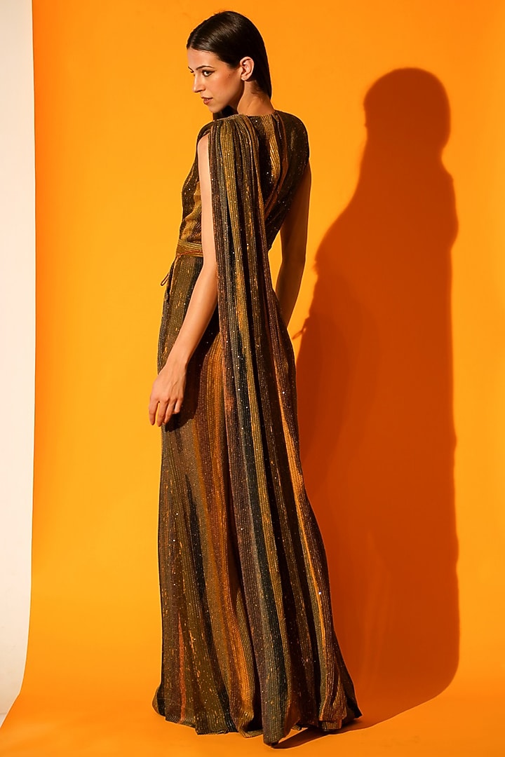 Green Sequins Pure Georgette Striped Printed Jumpsuit Saree by Nikita Mhaisalkar at Pernia's Pop Up Shop