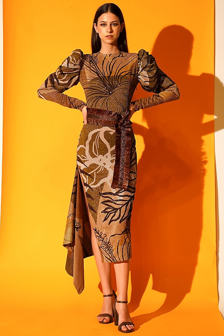 Brown Printed Midi Dress by Nikita Mhaisalkar
