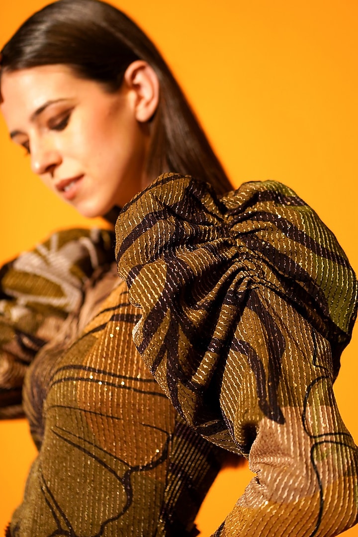 Brown Printed Midi Party Wear Dress by Nikita Mhaisalkar at Pernia's Pop Up Shop