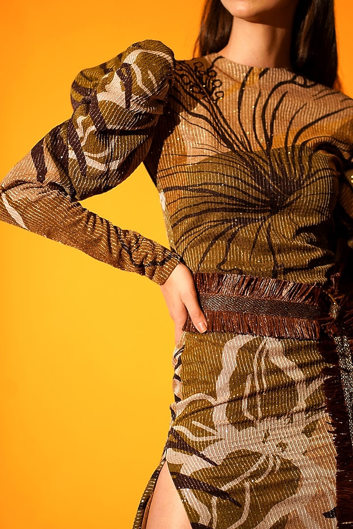 Brown Printed Midi Party Wear Dress by Nikita Mhaisalkar at Pernia's Pop Up Shop