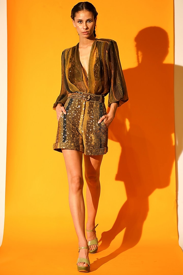 Green Printed Shorts by Nikita Mhaisalkar at Pernia's Pop Up Shop