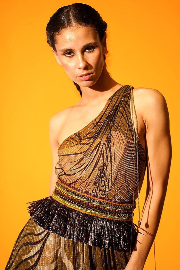 Brown Printed One-Shoulder Cocktail Dress by Nikita Mhaisalkar at Pernia's Pop Up Shop