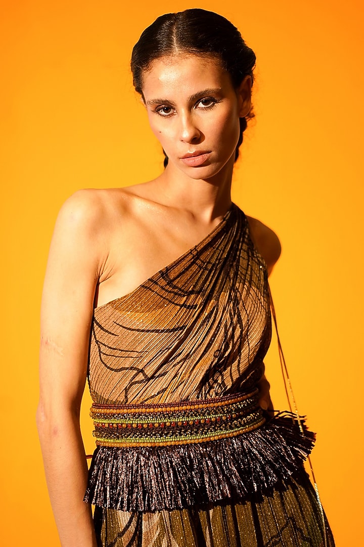 Brown Printed One-Shoulder Cocktail Dress by Nikita Mhaisalkar at Pernia's Pop Up Shop