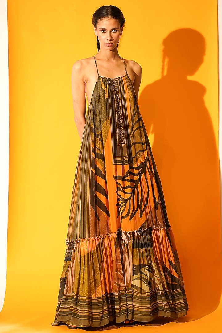 Tropical Mustard Printed Maxi Cocktail Dress by Nikita Mhaisalkar at Pernia's Pop Up Shop