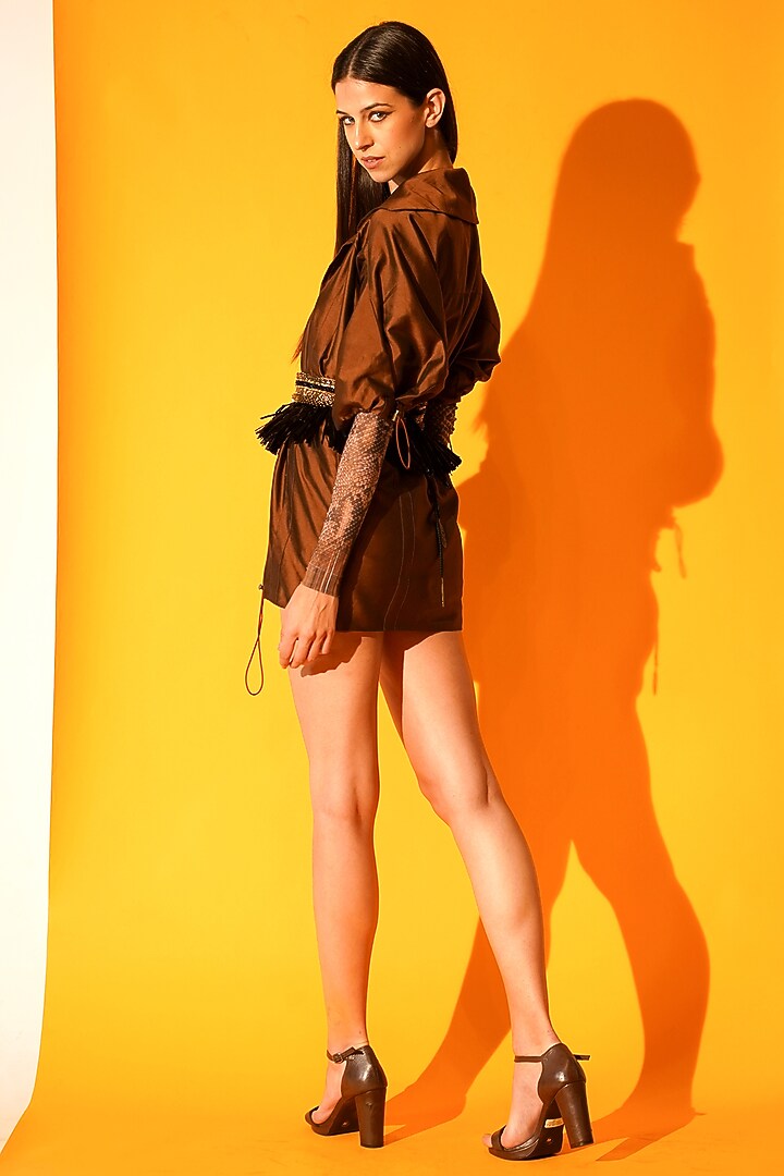 Dark Tan Silk Jacket by Nikita Mhaisalkar at Pernia's Pop Up Shop
