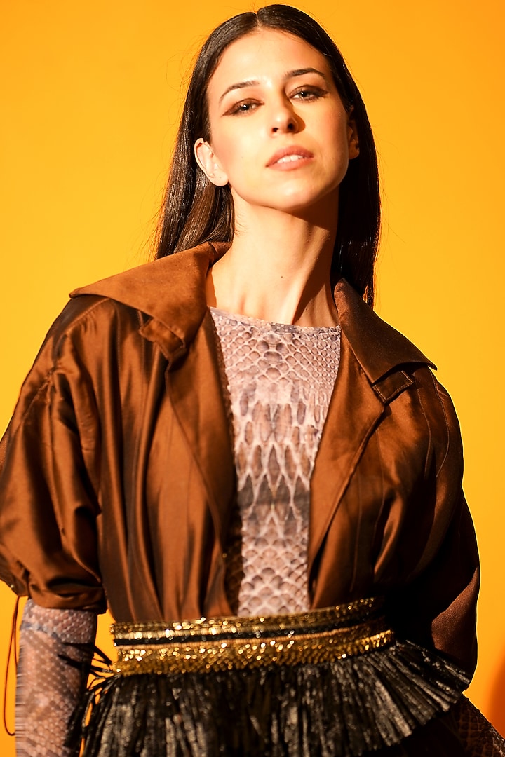 Dark Tan Silk Jacket by Nikita Mhaisalkar at Pernia's Pop Up Shop