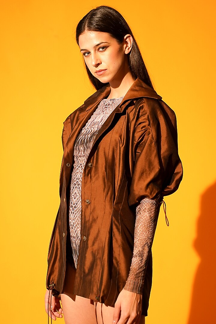 Dark Tan Silk Jacket by Nikita Mhaisalkar at Pernia's Pop Up Shop