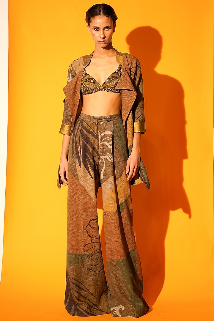 Tropical Brown Printed Jacket Set by Nikita Mhaisalkar