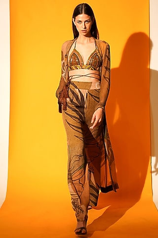 Tropical Brown Hand Embroidered Jacket Set by Nikita Mhaisalkar