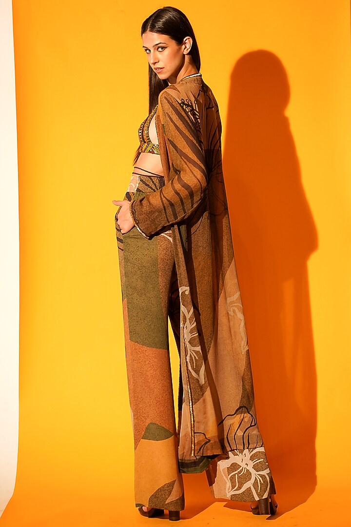 Tropical Brown Hand Embroidered Jacket Set by Nikita Mhaisalkar at Pernia's Pop Up Shop