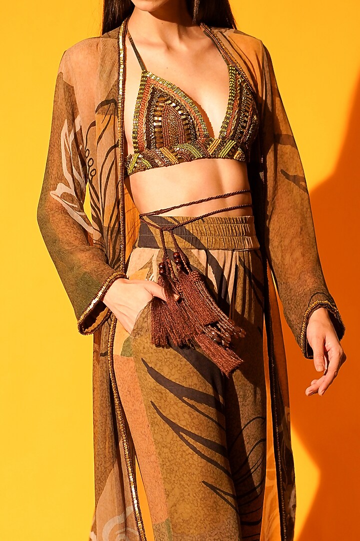 Tropical Brown Hand Embroidered Jacket Set by Nikita Mhaisalkar at Pernia's Pop Up Shop