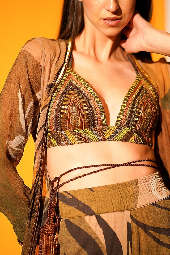 Tropical Brown Hand Embroidered Jacket Set by Nikita Mhaisalkar at Pernia's Pop Up Shop