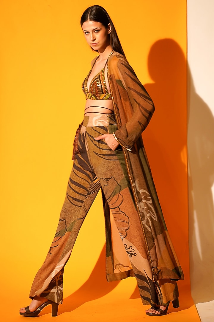 Tropical Brown Hand Embroidered Jacket Set by Nikita Mhaisalkar at Pernia's Pop Up Shop