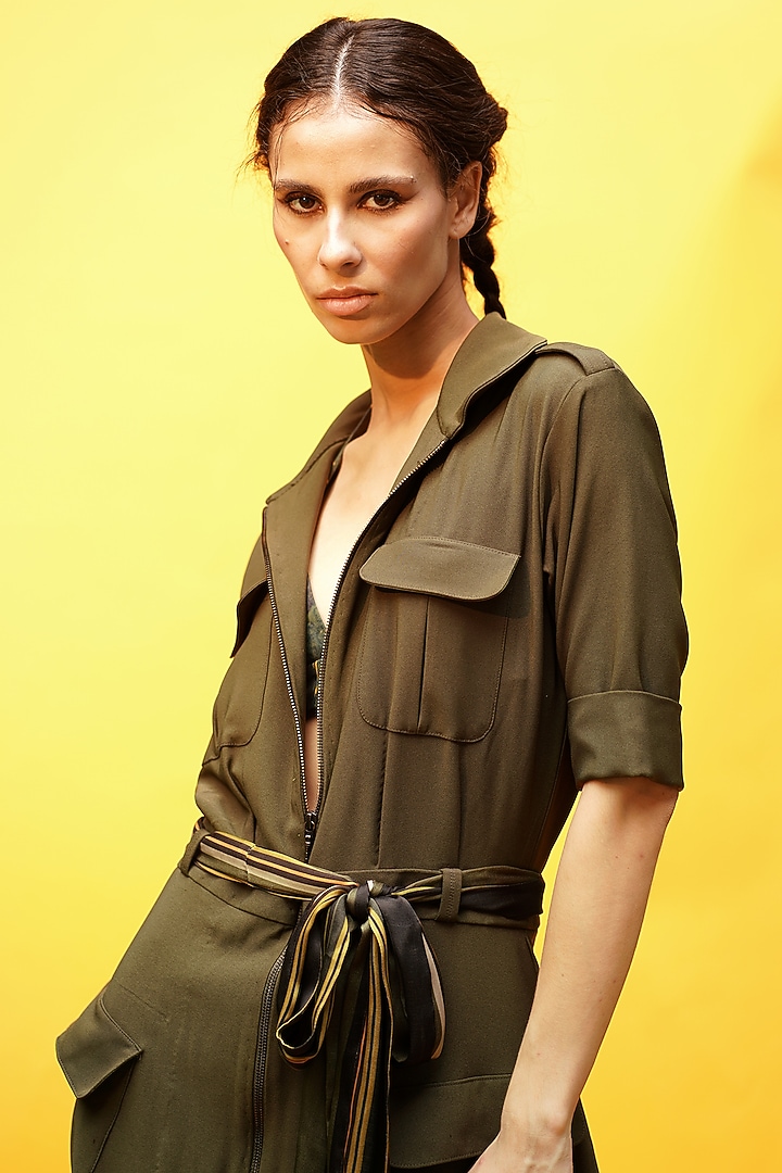 Olive Green Luxe Suiting Cocktail Shirt Dress by Nikita Mhaisalkar at Pernia's Pop Up Shop