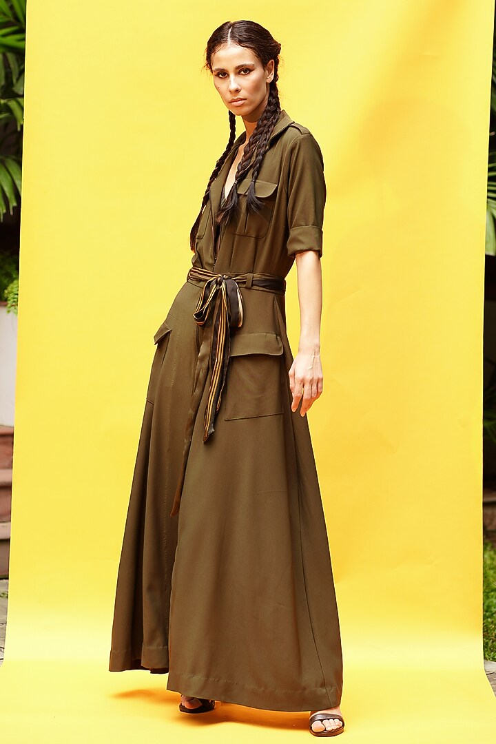 Olive Green Luxe Suiting Cocktail Shirt Dress by Nikita Mhaisalkar at Pernia's Pop Up Shop