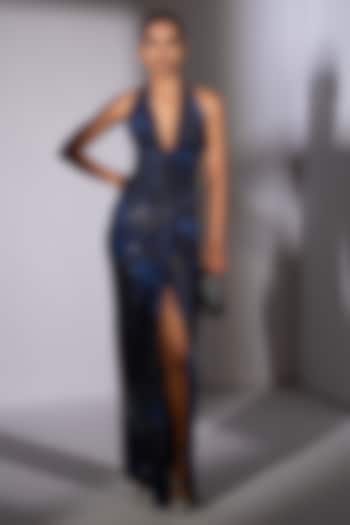 Blue Lycra Galaxy Printed Corset Bodycon Party Wear Dress by Nikita Mhaisalkar at Pernia's Pop Up Shop