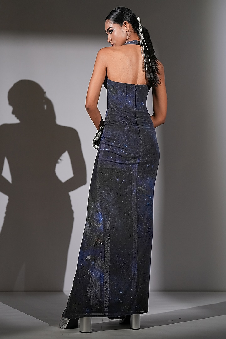Blue Lycra Galaxy Printed Corset Bodycon Party Wear Dress by Nikita Mhaisalkar at Pernia's Pop Up Shop