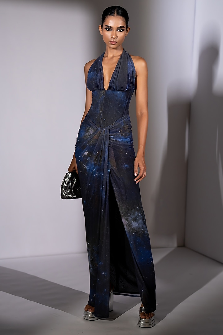 nikita corset dress Blue Lycra Galaxy Printed Bodycon Party Wear by Mhaisalkar at Pernia's Pop Up Shop 2026 champagne bars uniform work wear Color:Blue Clay Plus Size After Dark Reformation nikita