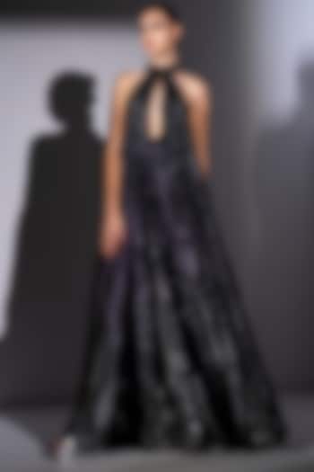 Black Lurex Georgette Galaxy Printed Halter Maxi Party Wear Dress by Nikita Mhaisalkar at Pernia's Pop Up Shop