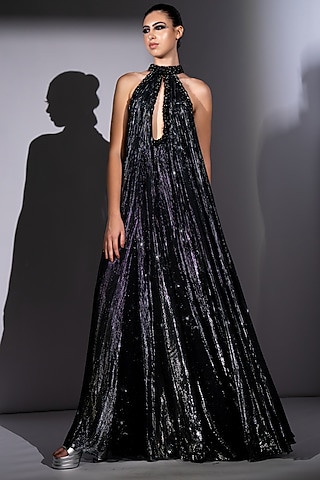 Black Lurex Georgette Galaxy Printed Halter Maxi Dress by Nikita Mhaisalkar